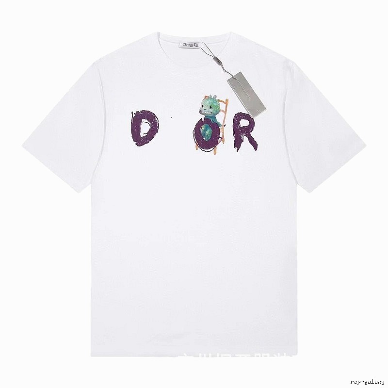 Dior Dinosaur Graffiti Cool Trendy White Short-sleeve T-shirt
