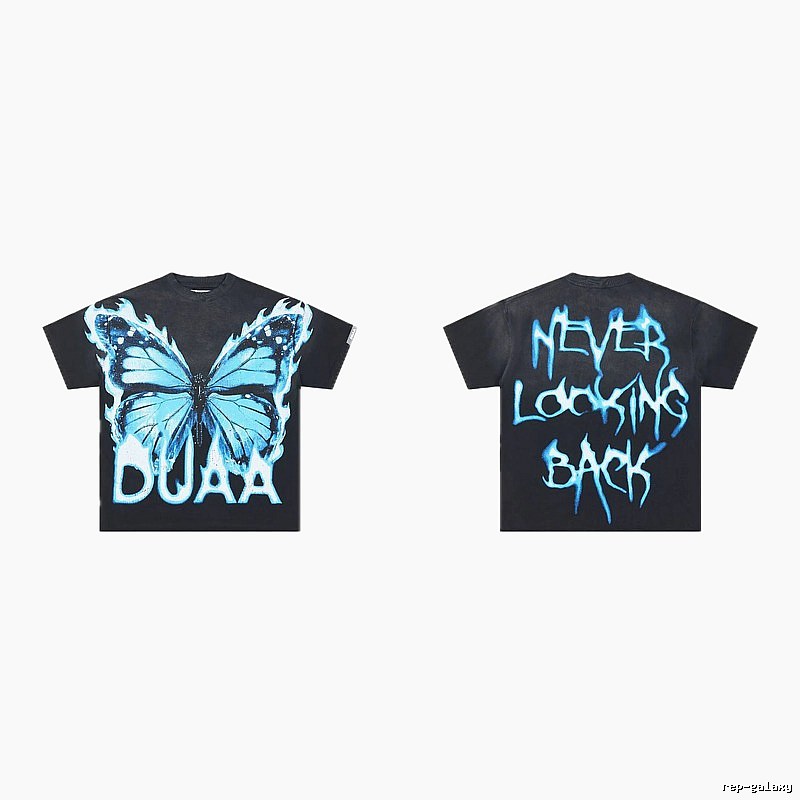 DUAA Butterfly Print Street Style Black and Blue Short-sleeved T-shirt