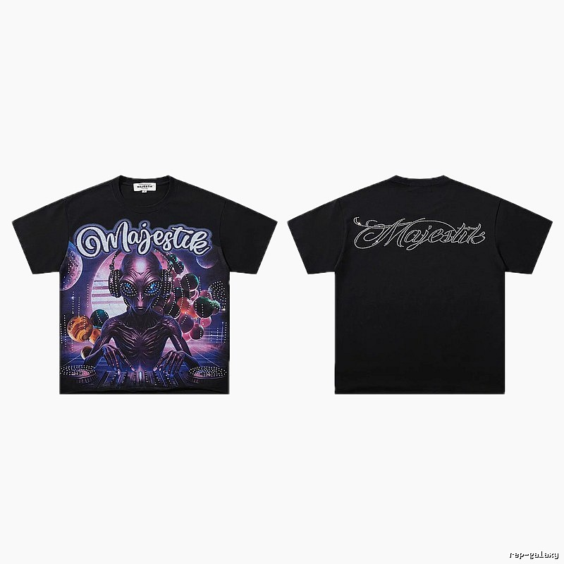 MAJESTIK Alien Print Street Style Black T-Shirt