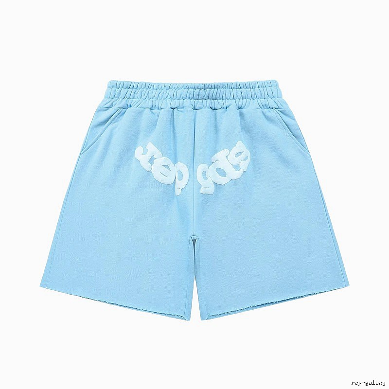 Sp5der letter-style light blue shorts