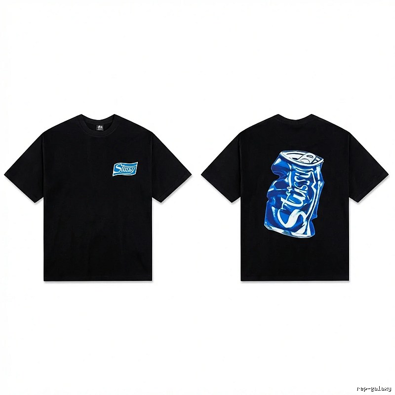 Stussy's black T-shirt with a can-style design